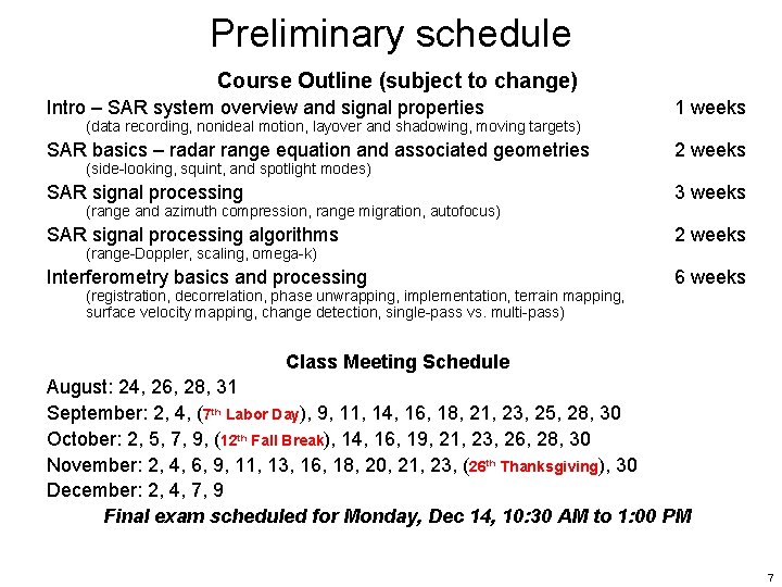 Preliminary schedule Course Outline (subject to change) Intro – SAR system overview and signal