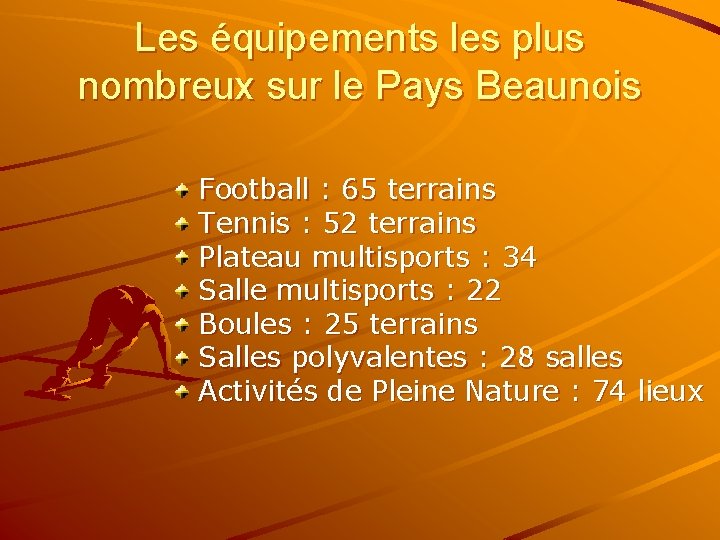 Les équipements les plus nombreux sur le Pays Beaunois Football : 65 terrains Tennis