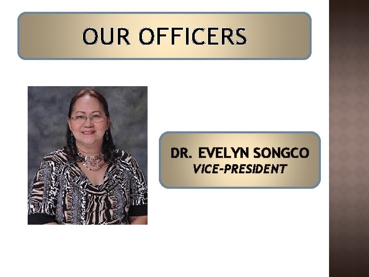 OUR OFFICERS DR. EVELYN SONGCO VICE-PRESIDENT OUR OFFICERS DR. EVELYN SONGCO VICE-PRESIDENT