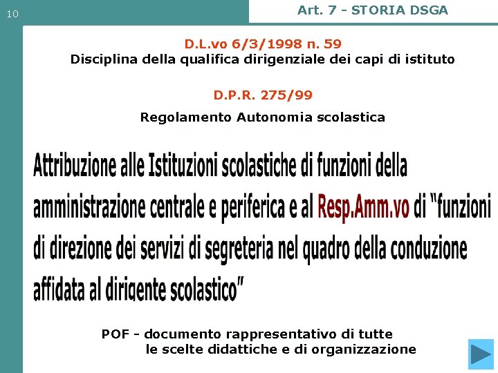 10 Art. 7 - STORIA DSGA D. L. vo 6/3/1998 n. 59 Disciplina della