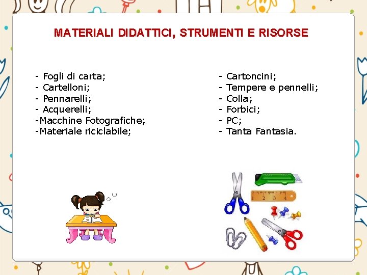 MATERIALI DIDATTICI, STRUMENTI E RISORSE - Fogli di carta; - Cartelloni; - Pennarelli; - MATERIALI DIDATTICI, STRUMENTI E RISORSE - Fogli di carta; - Cartelloni; - Pennarelli; -