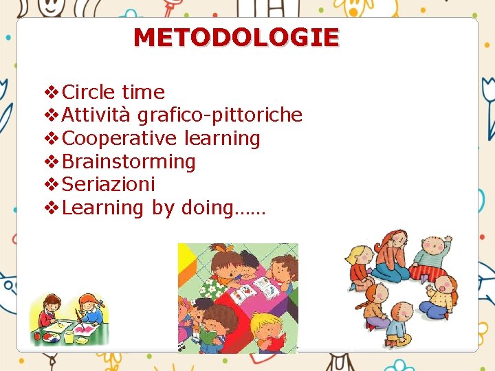 METODOLOGIE v. Circle time v. Attività grafico-pittoriche v. Cooperative learning v. Brainstorming v. Seriazioni METODOLOGIE v. Circle time v. Attività grafico-pittoriche v. Cooperative learning v. Brainstorming v. Seriazioni