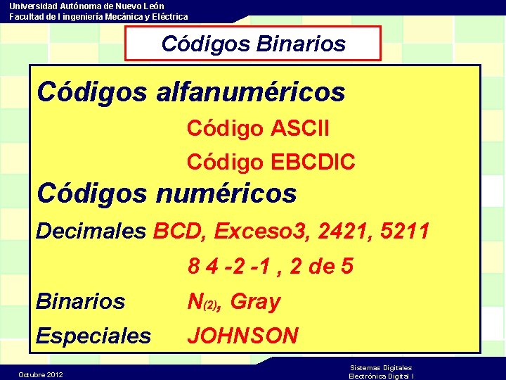 Universidad Autónoma de Nuevo León Facultad de I ingeniería Mecánica y Eléctrica Códigos Binarios