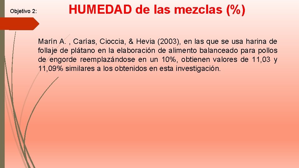 Objetivo 2: HUMEDAD de las mezclas (%) Marín A. , Carías, Cioccia, & Hevia