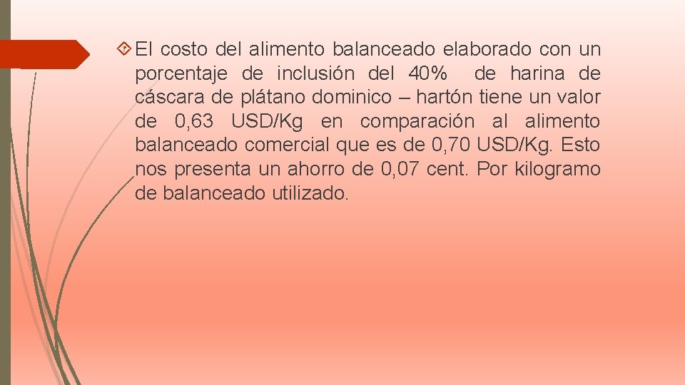 El costo del alimento balanceado elaborado con un porcentaje de inclusión del 40% El costo del alimento balanceado elaborado con un porcentaje de inclusión del 40%