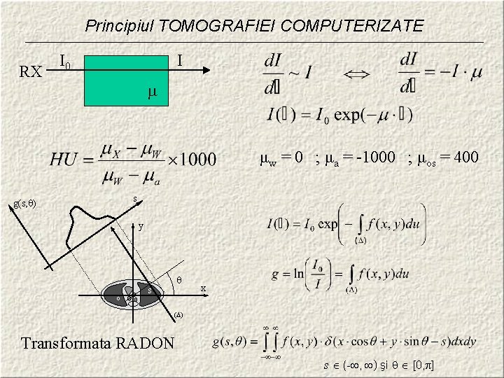 Principiul TOMOGRAFIEI COMPUTERIZATE RX I 0 I μw = 0 ; μa = -1000