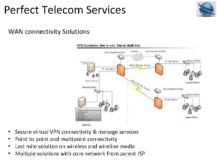 Perfect Telecom Services WAN connectivity Solutions • • Secure virtual VPN connectivity & manage