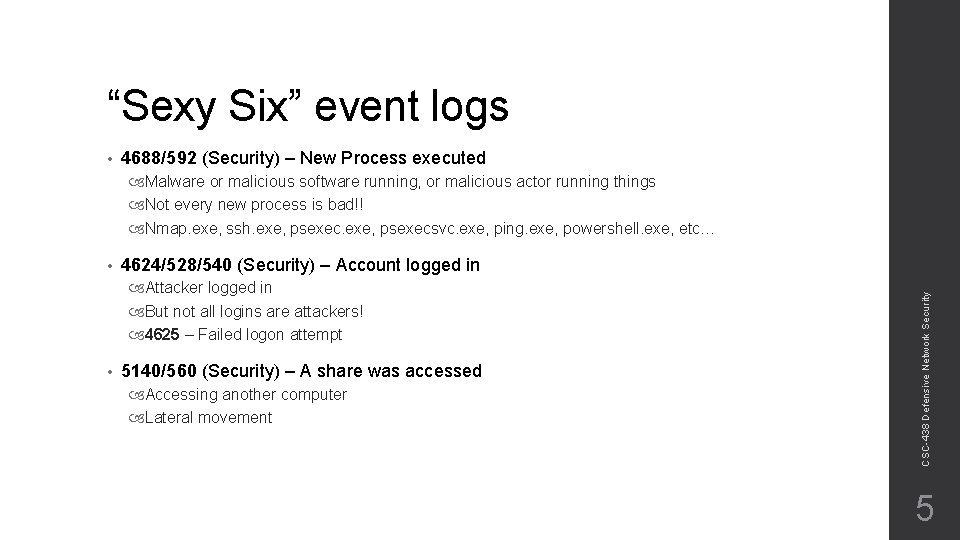 “Sexy Six” event logs • 4688/592 (Security) – New Process executed Malware or malicious