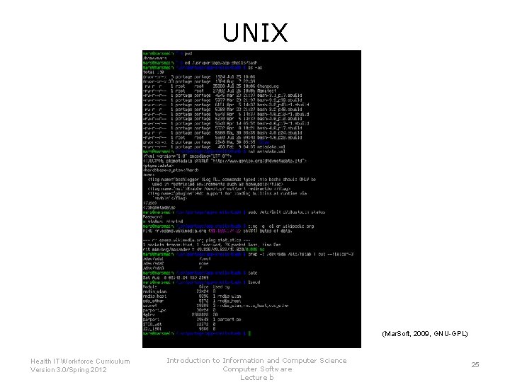 UNIX (Mar. Soft, 2009, GNU-GPL) Introduction to Information and Computer Science Health IT Workforce