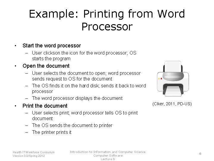 Example: Printing from Word Processor • Start the word processor – User clickson the