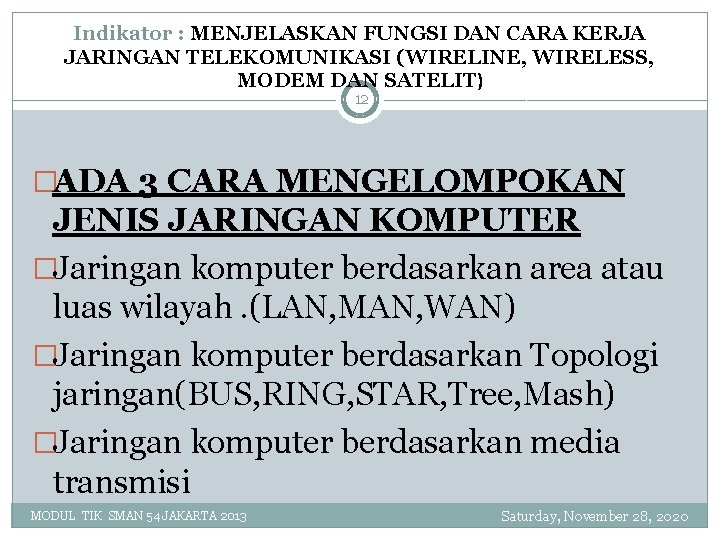 Indikator : MENJELASKAN FUNGSI DAN CARA KERJA JARINGAN TELEKOMUNIKASI (WIRELINE, WIRELESS, MODEM DAN SATELIT)