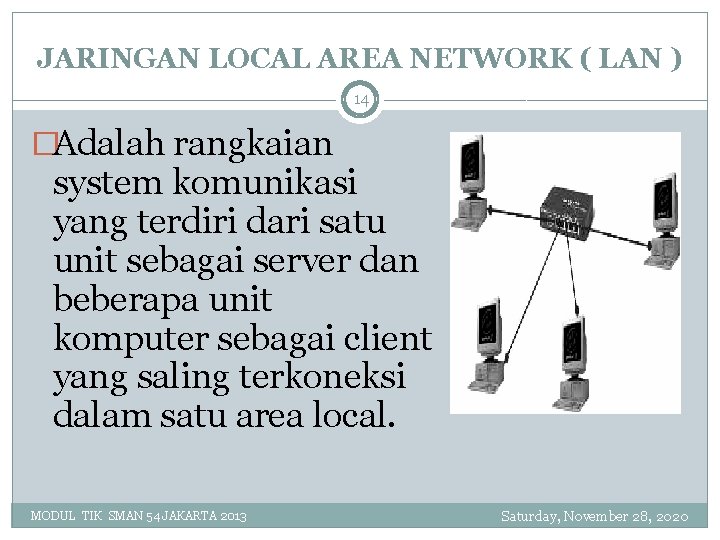 JARINGAN LOCAL AREA NETWORK ( LAN ) 14 �Adalah rangkaian system komunikasi yang terdiri