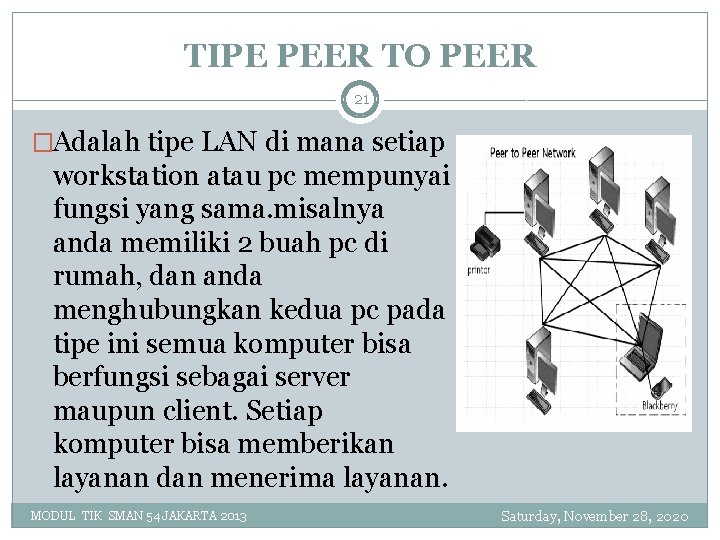 TIPE PEER TO PEER 21 �Adalah tipe LAN di mana setiap workstation atau pc