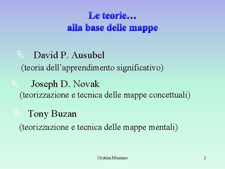 Le teorie… alla base delle mappe Ä David P. Ausubel (teoria dell’apprendimento significativo) Ä Le teorie… alla base delle mappe Ä David P. Ausubel (teoria dell’apprendimento significativo) Ä