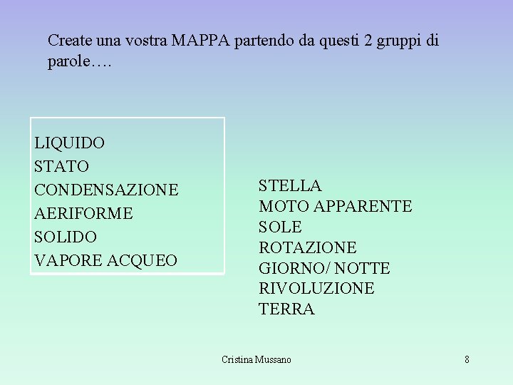 Create una vostra MAPPA partendo da questi 2 gruppi di parole…. LIQUIDO STATO CONDENSAZIONE Create una vostra MAPPA partendo da questi 2 gruppi di parole…. LIQUIDO STATO CONDENSAZIONE