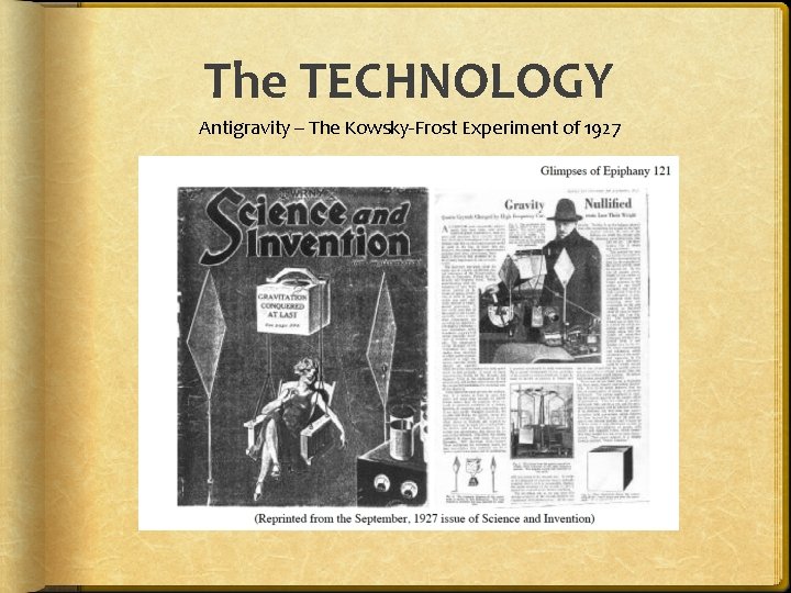 The TECHNOLOGY Antigravity – The Kowsky-Frost Experiment of 1927 