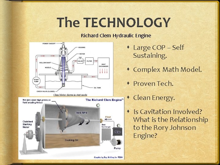 The TECHNOLOGY Richard Clem Hydraulic Engine Large COP – Self Sustaining. Complex Math Model.