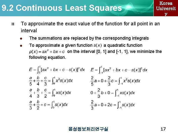 9. 2 Continuous Least Squares Korea Universit y To approximate the exact value of