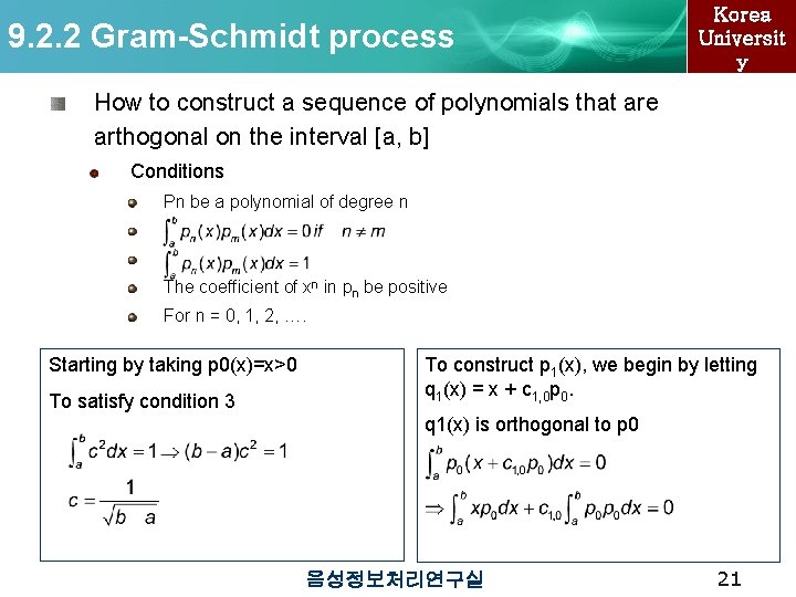 9. 2. 2 Gram-Schmidt process Korea Universit y How to construct a sequence of