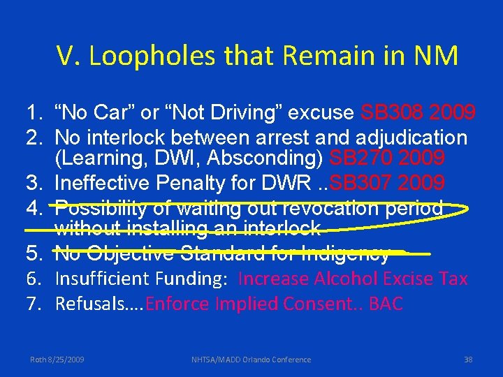 V. Loopholes that Remain in NM 1. “No Car” or “Not Driving” excuse SB