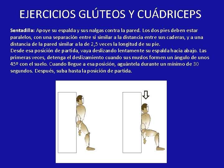 EJERCICIOS GLÚTEOS Y CUÁDRICEPS Sentadilla: Apoye su espalda y sus nalgas contra la pared. EJERCICIOS GLÚTEOS Y CUÁDRICEPS Sentadilla: Apoye su espalda y sus nalgas contra la pared.