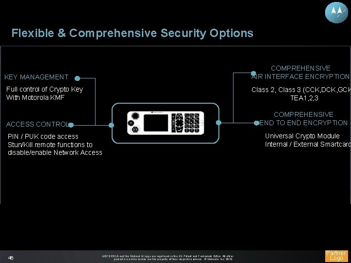 Flexible & Comprehensive Security Options COMPREHENSIVE AIR INTERFACE ENCRYPTION KEY MANAGEMENT Full control of