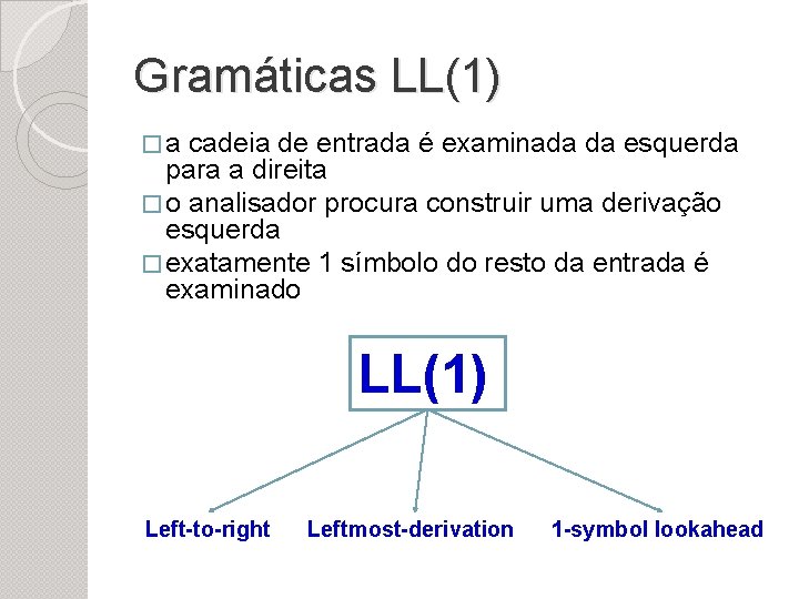 Gramáticas LL(1) �a cadeia de entrada é examinada da esquerda para a direita �