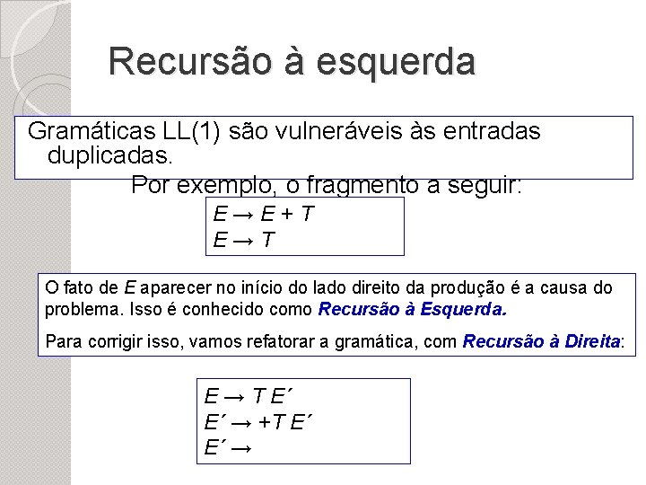 Recursão à esquerda Gramáticas LL(1) são vulneráveis às entradas duplicadas. Por exemplo, o fragmento