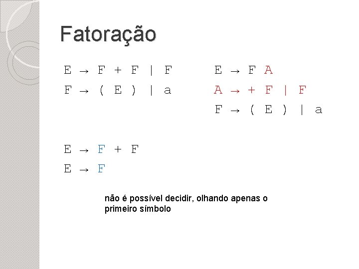 Fatoração E → F + F | F F → ( E ) |