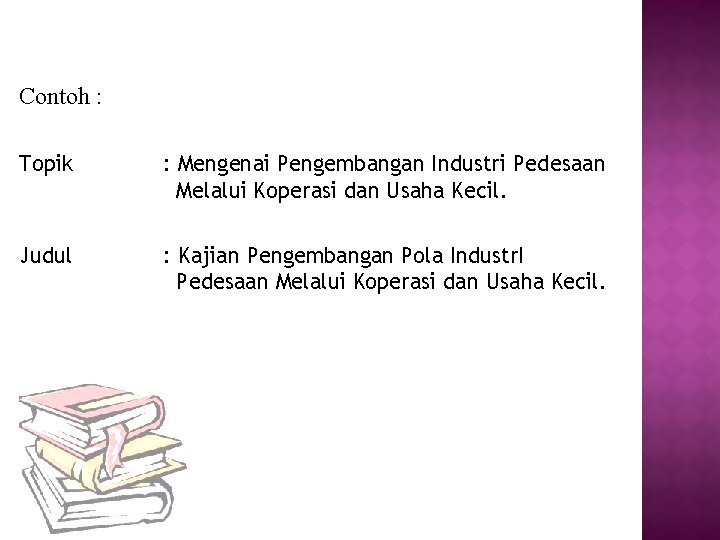 Contoh : Topik : Mengenai Pengembangan Industri Pedesaan Melalui Koperasi dan Usaha Kecil. Judul