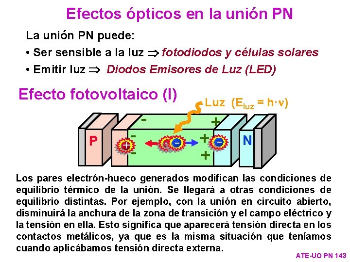 Efectos ópticos en la unión PN La unión PN puede: • Ser sensible a