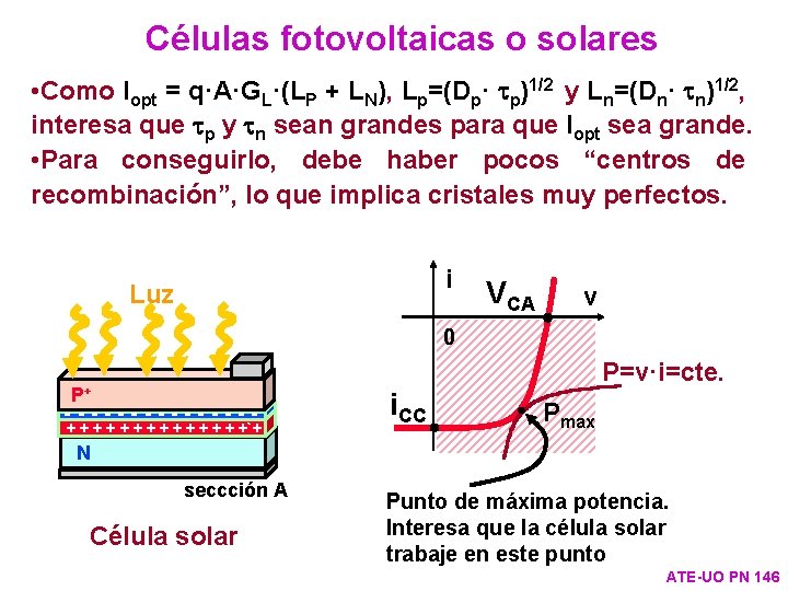 Células fotovoltaicas o solares • Como Iopt = q·A·GL·(LP + LN), Lp=(Dp· p)1/2 y