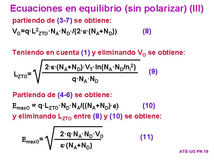 Ecuaciones en equilibrio (sin polarizar) (III) partiendo de (3 -7) se obtiene: VO=q·L 2