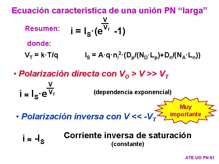 Ecuación característica de una unión PN “larga” Resumen: i = IS·(e V VT -1)