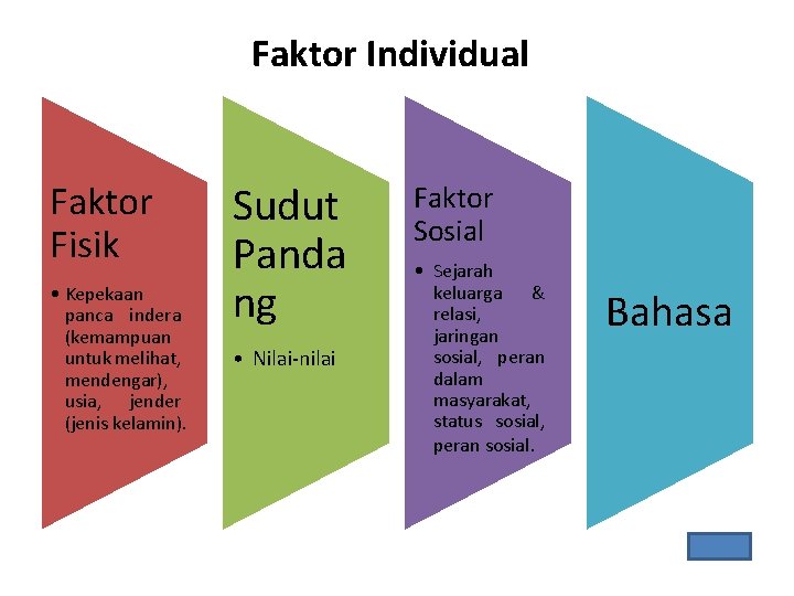 Faktor Individual Faktor Fisik • Kepekaan panca indera (kemampuan untuk melihat, mendengar), usia, jender