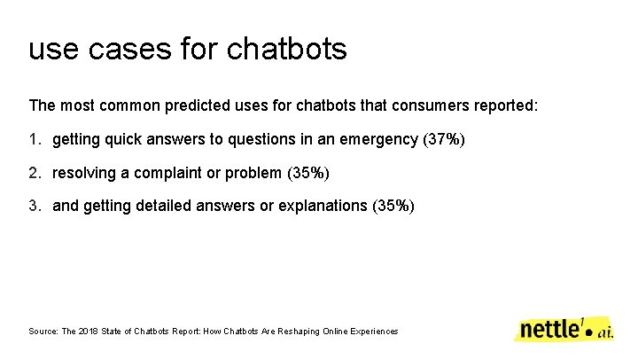 use cases for chatbots The most common predicted uses for chatbots that consumers reported: use cases for chatbots The most common predicted uses for chatbots that consumers reported:
