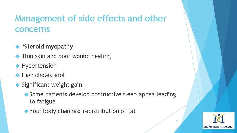 Management of side effects and other concerns *Steroid myopathy Thin skin and poor wound