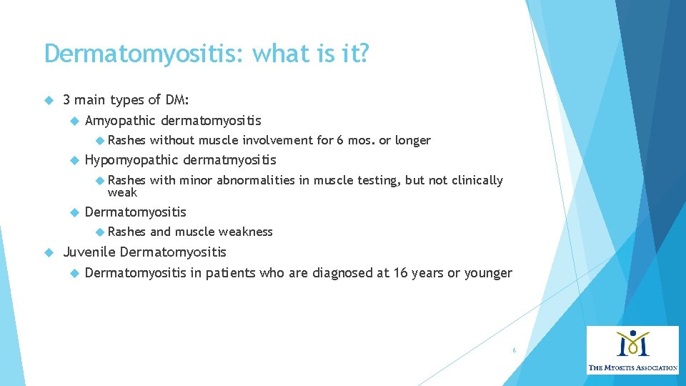 Dermatomyositis: what is it? 3 main types of DM: Amyopathic dermatomyositis Rashes Hypomyopathic dermatmyositis