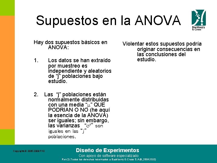 Supuestos en la ANOVA Hay dos supuestos básicos en ANOVA: 1. 2. Los datos