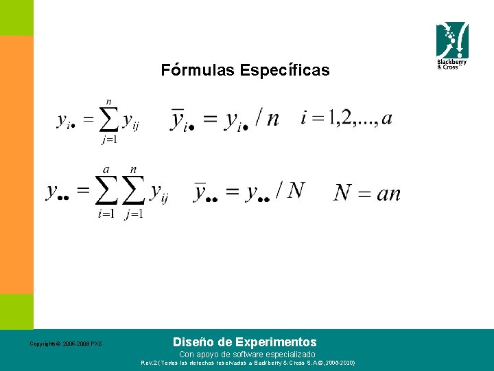 Fórmulas Específicas Copyrights©. 2005 -2008 PXS Diseño de Experimentos Con apoyo de software especializado