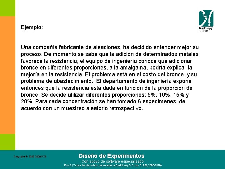 Ejemplo: Una compañía fabricante de aleaciones, ha decidido entender mejor su proceso. De momento