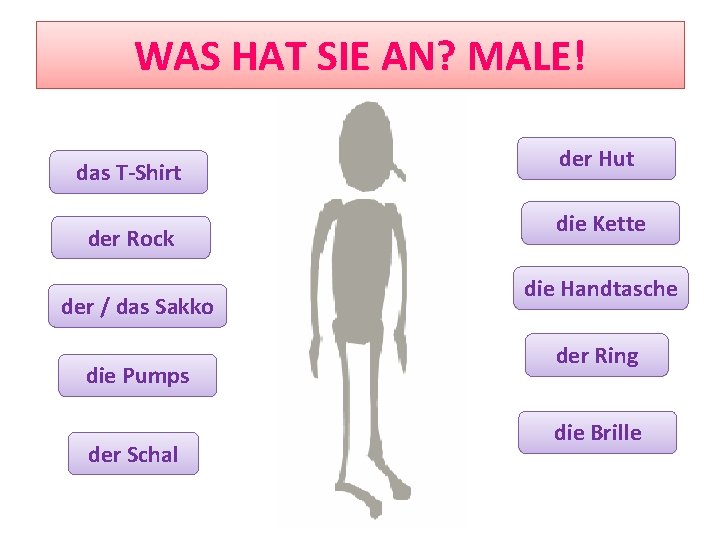 WAS HAT SIE AN? MALE! das T-Shirt der Rock der / das Sakko die