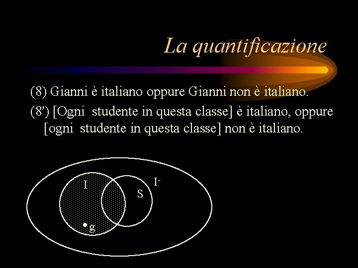 La quantificazione (8) Gianni è italiano oppure Gianni non è italiano. (8') [Ogni studente