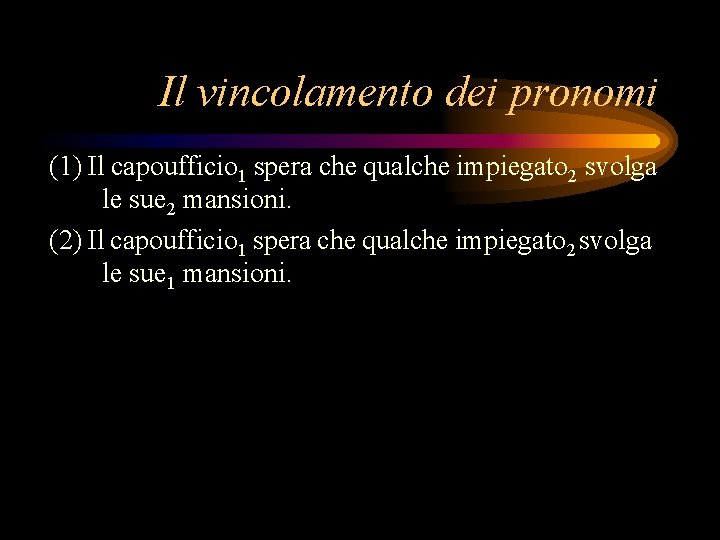 Il vincolamento dei pronomi (1) Il capoufficio 1 spera che qualche impiegato 2 svolga