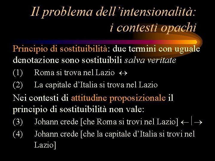 Il problema dell’intensionalità: i contesti opachi Principio di sostituibilità: due termini con uguale denotazione