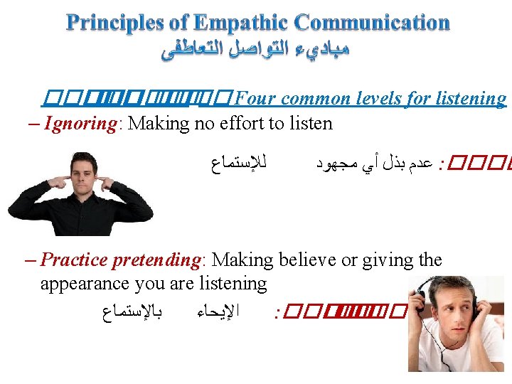 ����� Four common levels for listening – Ignoring: Making no effort to listen ﻟﻺﺳﺘﻤﺎﻉ