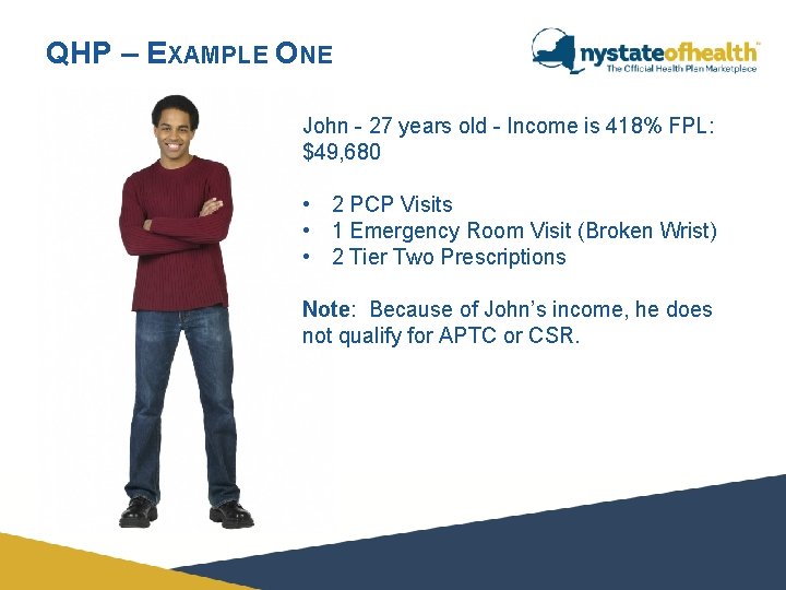 QHP – EXAMPLE ONE John - 27 years old - Income is 418% FPL: QHP – EXAMPLE ONE John - 27 years old - Income is 418% FPL: