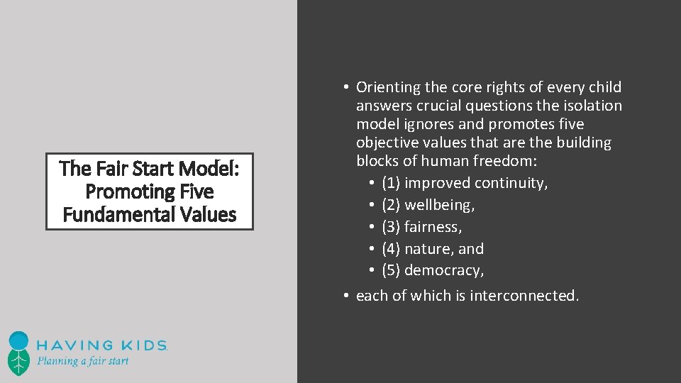 The Fair Start Model: Promoting Five Fundamental Values • Orienting the core rights of