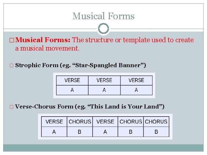 Musical Forms � Musical Forms: The structure or template used to create a musical
