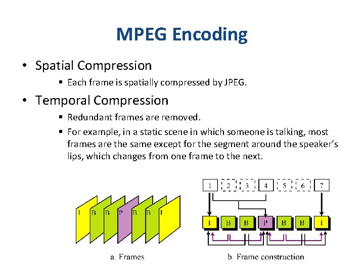 MPEG Encoding • Spatial Compression § Each frame is spatially compressed by JPEG. •